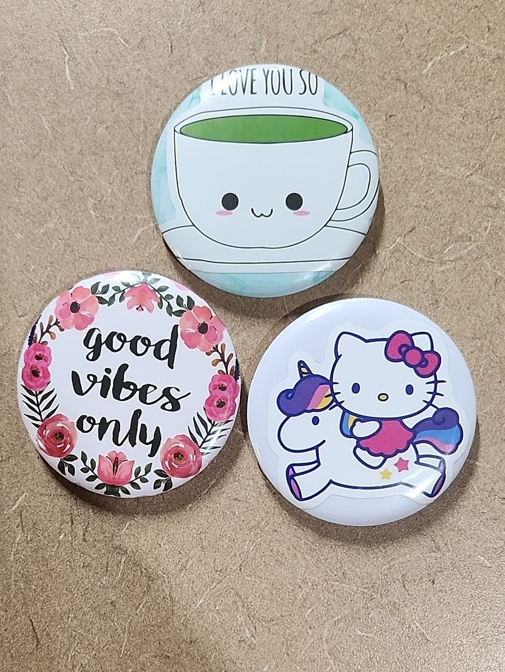 3 Home-made Buttons/Pins (Hello Kitty, Coffee Cup and Good Vibes Only)